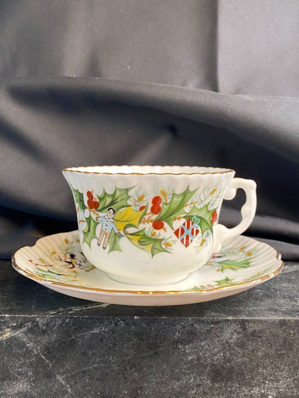 Hammersley & Co Vintage "Christmas Holly" Fine Bone China Flat Cup & Saucer Set